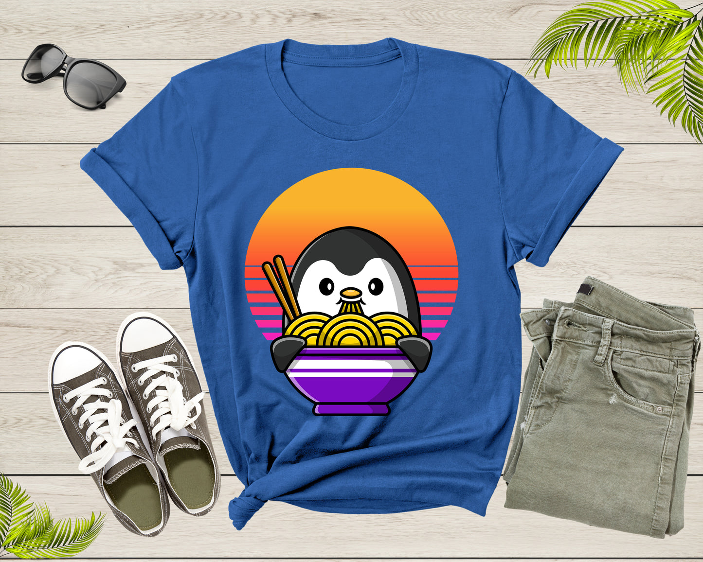 Cute Penguin Mascot Eat Japanese Ramen Noodle Retro Sunset T-Shirt Penguin Lover Gift T Shirt for Men Women Kids Boys Girls Graphic Tshirt