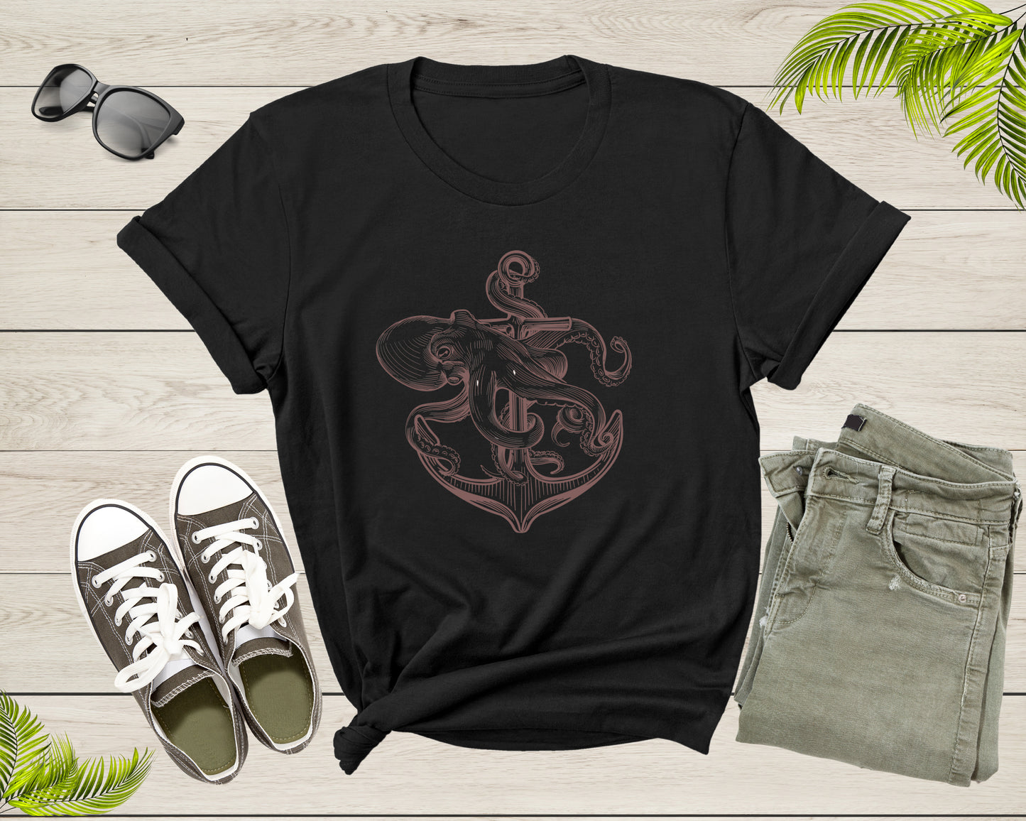 Cute Sea Ocean Octopus Holding Ship Metal Anchor in Ocean T-Shirt Octopus Lover Gift T Shirt for Men Women Kids Boys Girls Graphic Tshirt