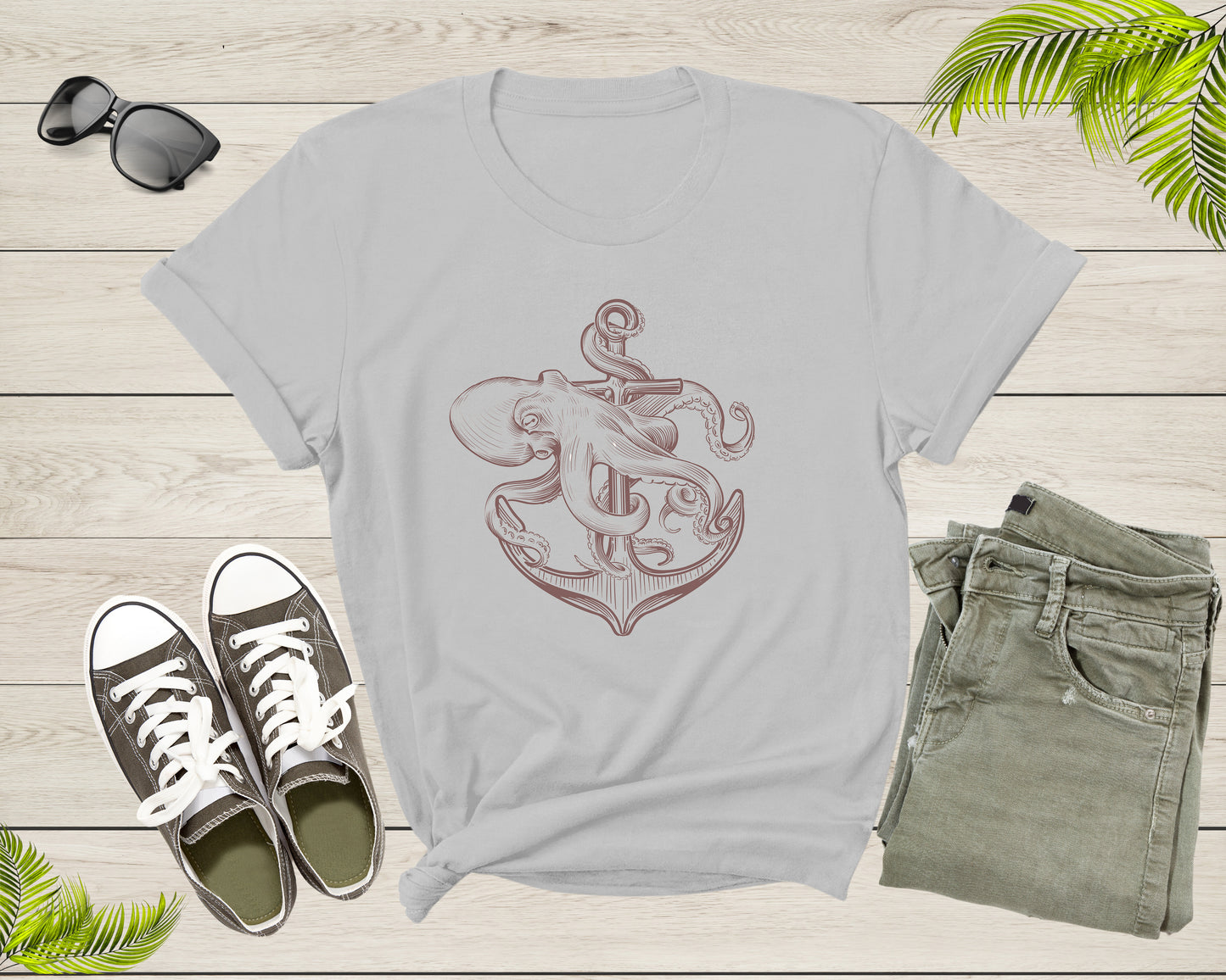 Cute Sea Ocean Octopus Holding Ship Metal Anchor in Ocean T-Shirt Octopus Lover Gift T Shirt for Men Women Kids Boys Girls Graphic Tshirt