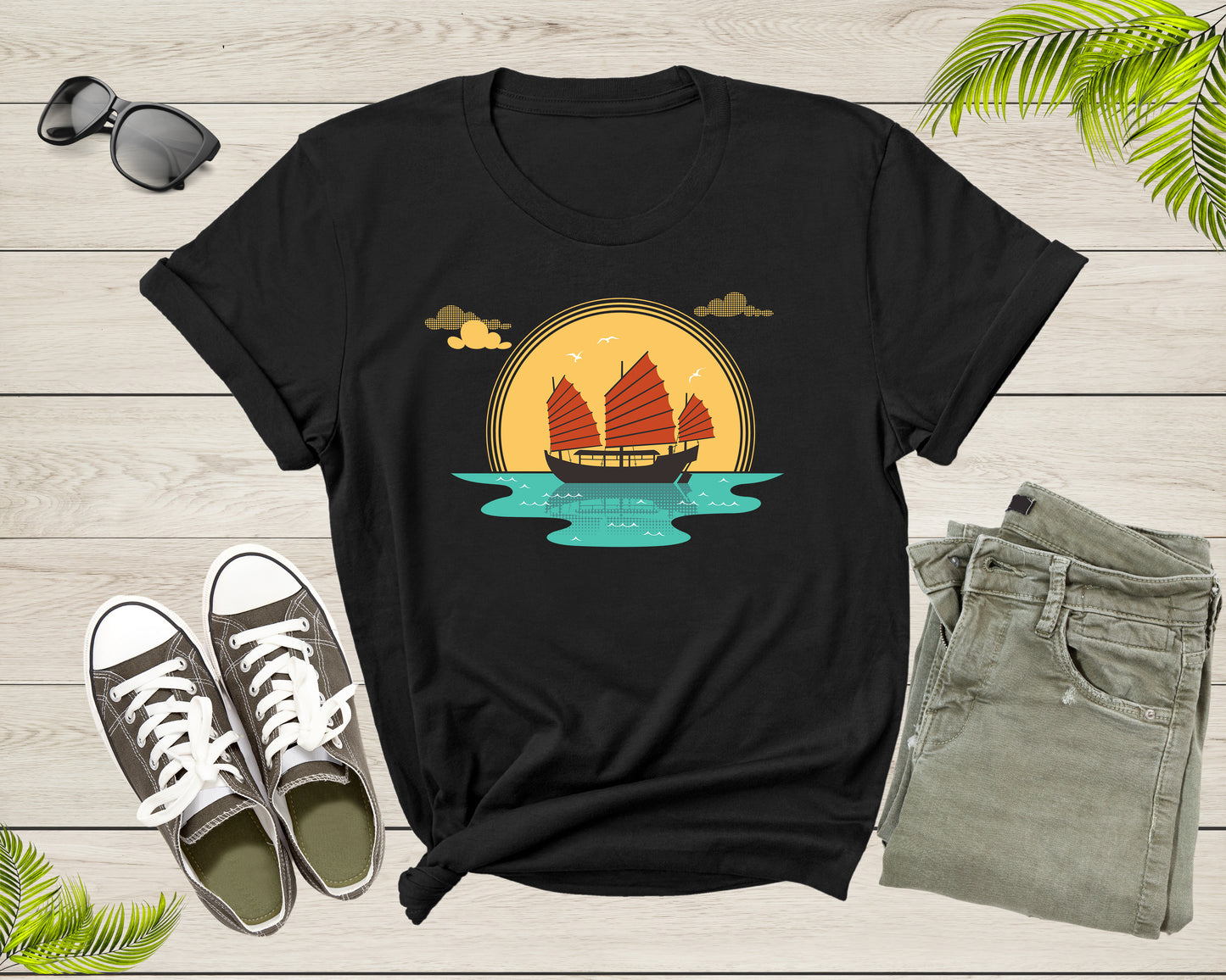 Cool Boat Sailboat Ship at Sunset Sailing in the Sea Ocean T-Shirt Sailor Boat Shirt for Men Women Kids Boys Girls Teens Graphic Gift Tshirt