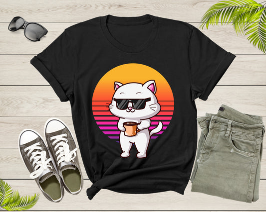 Cool Cat Kitten Kitty Animal with Sunglasses Holds Coffee T-Shirt Retro Cat Kitten Shirt for Men Women Kids Boys Girls Teens Graphic Tshirt
