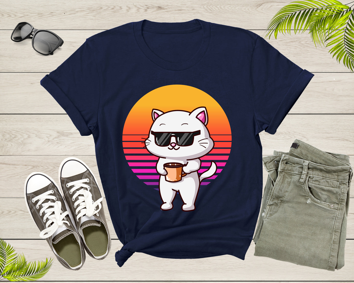 Cool Cat Kitten Kitty Animal with Sunglasses Holds Coffee T-Shirt Retro Cat Kitten Shirt for Men Women Kids Boys Girls Teens Graphic Tshirt