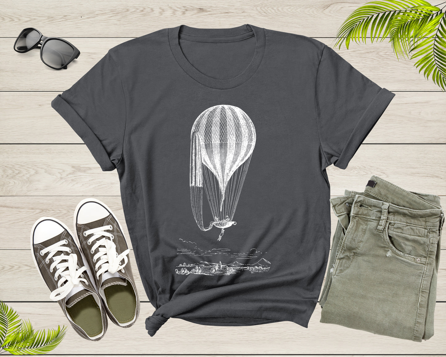 Black White Hot Air Balloon Art Drawing Flying In The Sky T-shirt Hot Balloon Lover Shirt For Men Women Kids Boys Girls Teens Gift Tshirt