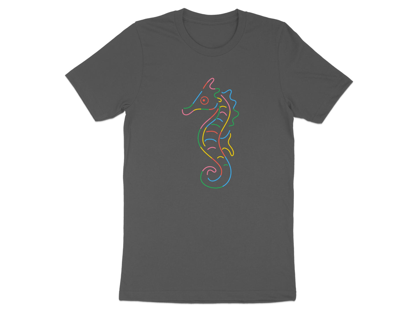 Dark grey t-shirt featuring a colorful outline of a seahorse.