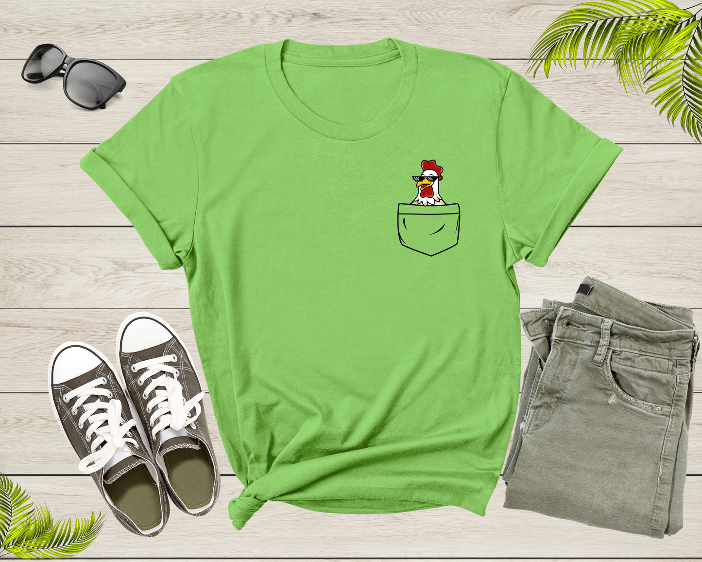 Cool Chicken Hen Rooster in Pocket with Meme Sunglasses T-Shirt Pocket Chicken Shirt for Men Women Kids Boys Girls Teens Graphic Tshirt