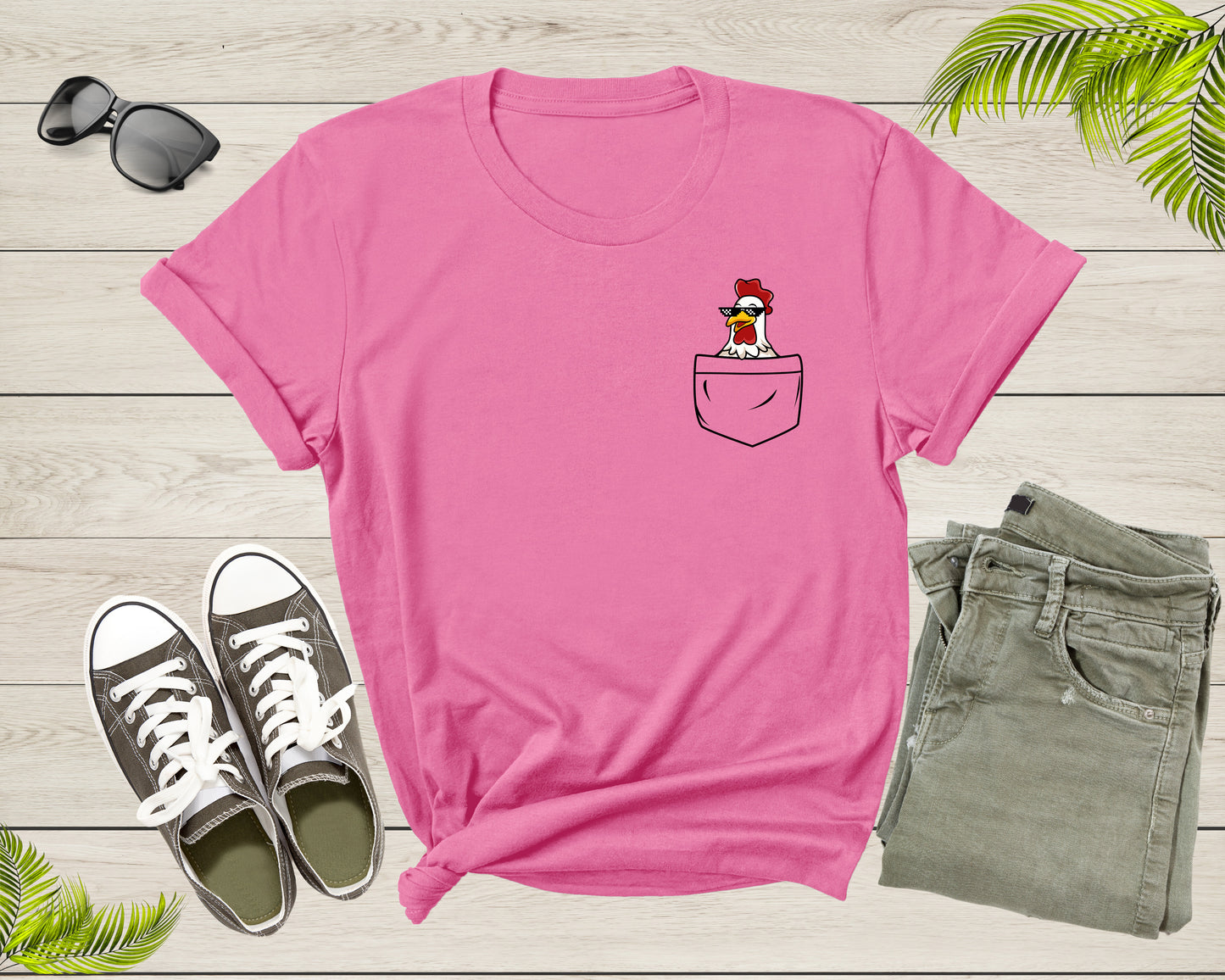 Cool Chicken Hen Rooster in Pocket with Meme Sunglasses T-Shirt Pocket Chicken Shirt for Men Women Kids Boys Girls Teens Graphic Tshirt