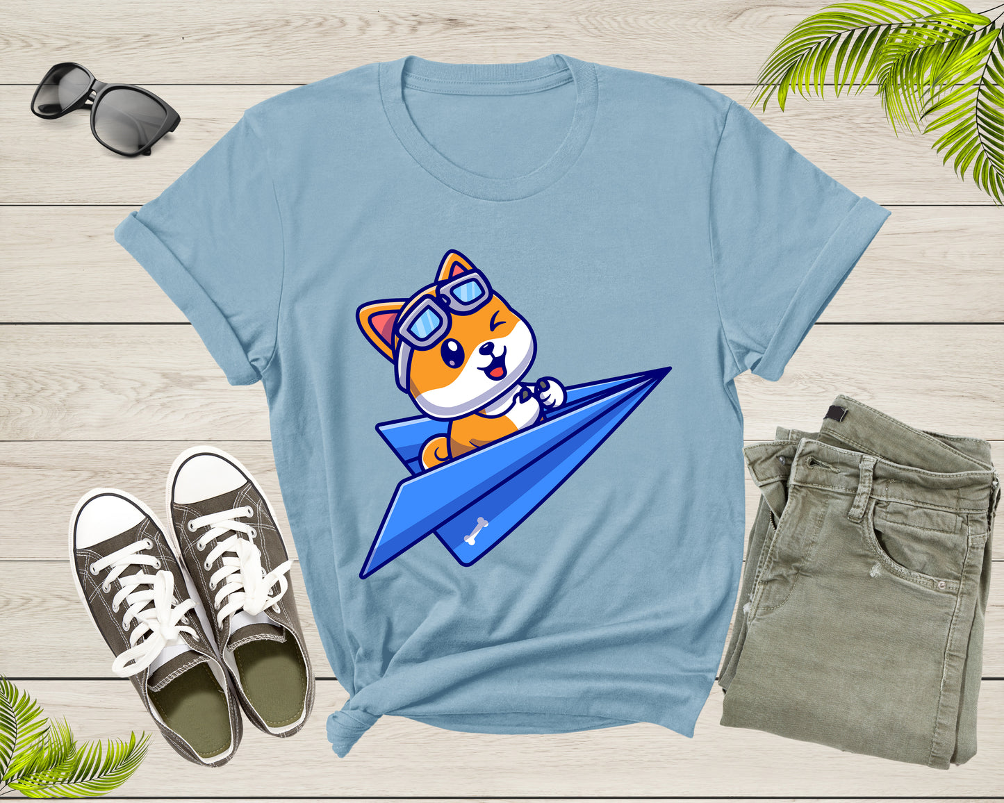 Blue Paper Plane Flying Happy Cute Dog With Pilot Goggles T-shirt Dog Puppy Plane Shirt For Men Women Kids Boys Girls Teens Dog Lover Tshirt
