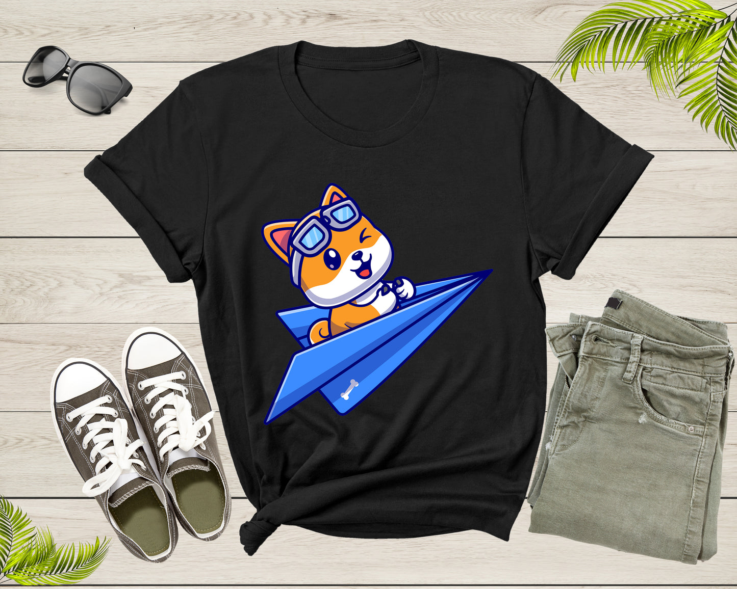 Blue Paper Plane Flying Happy Cute Dog With Pilot Goggles T-shirt Dog Puppy Plane Shirt For Men Women Kids Boys Girls Teens Dog Lover Tshirt