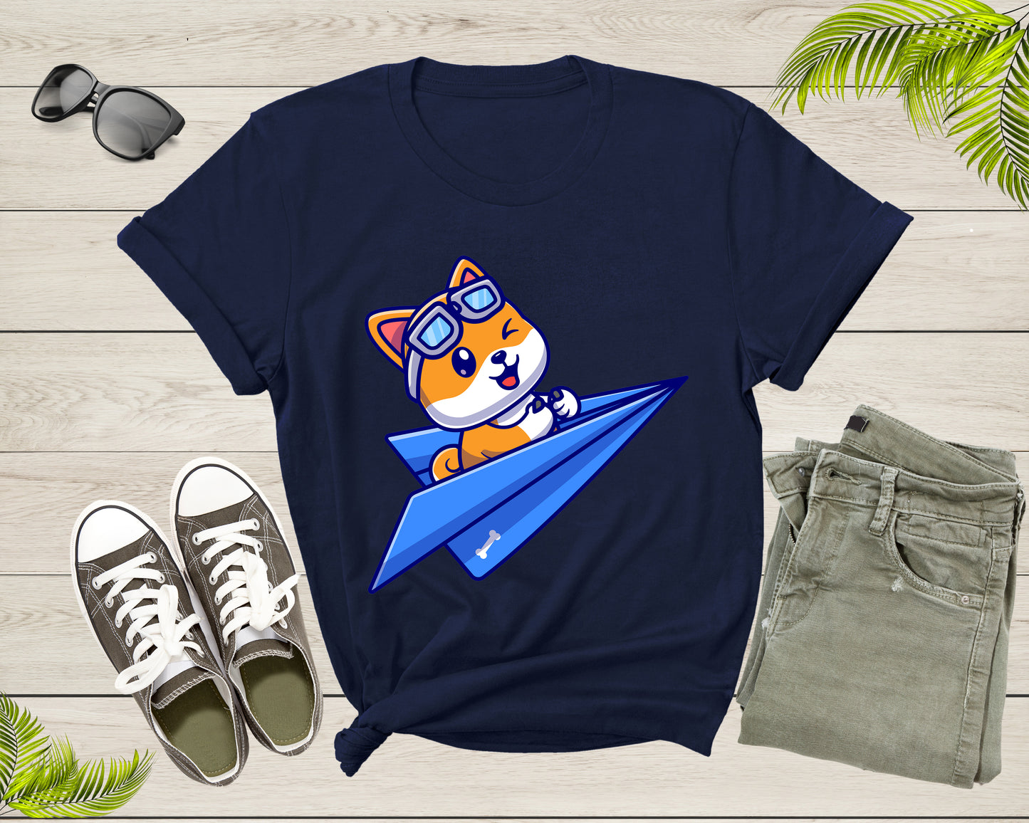 Blue Paper Plane Flying Happy Cute Dog With Pilot Goggles T-shirt Dog Puppy Plane Shirt For Men Women Kids Boys Girls Teens Dog Lover Tshirt