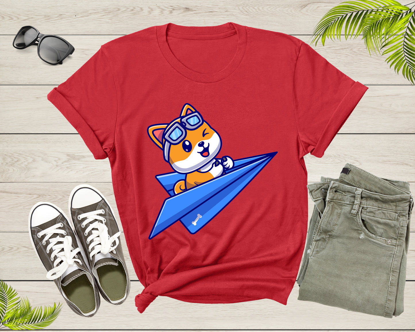 Blue Paper Plane Flying Happy Cute Dog With Pilot Goggles T-shirt Dog Puppy Plane Shirt For Men Women Kids Boys Girls Teens Dog Lover Tshirt