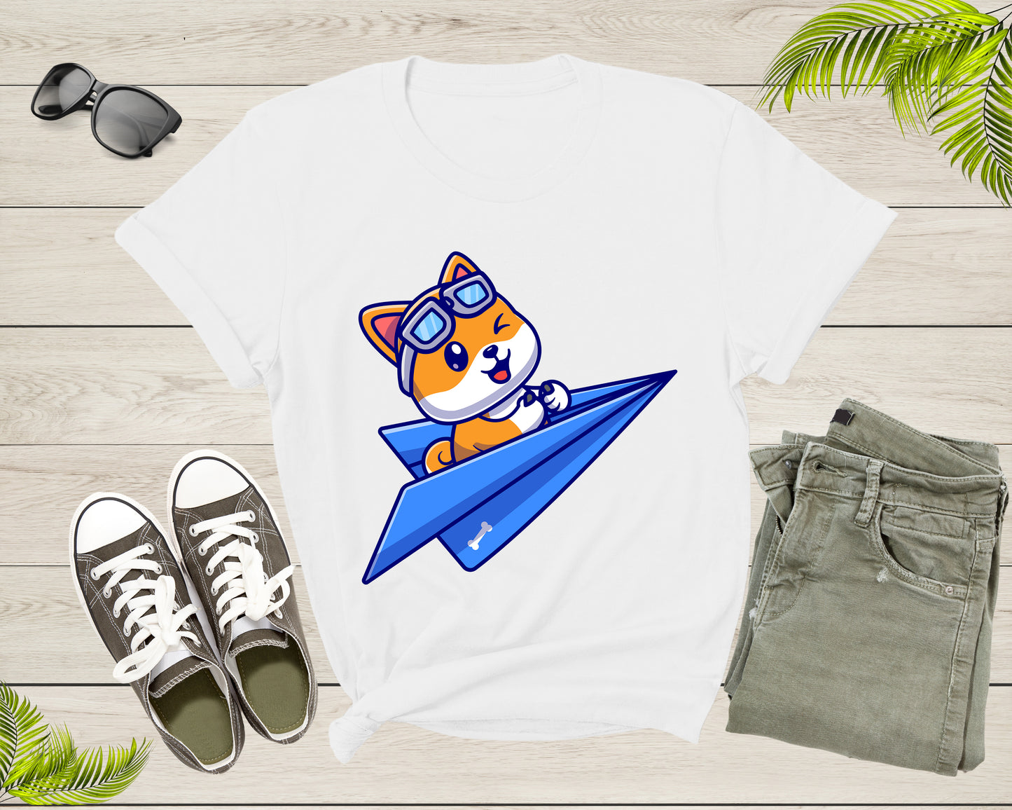 Blue Paper Plane Flying Happy Cute Dog With Pilot Goggles T-shirt Dog Puppy Plane Shirt For Men Women Kids Boys Girls Teens Dog Lover Tshirt
