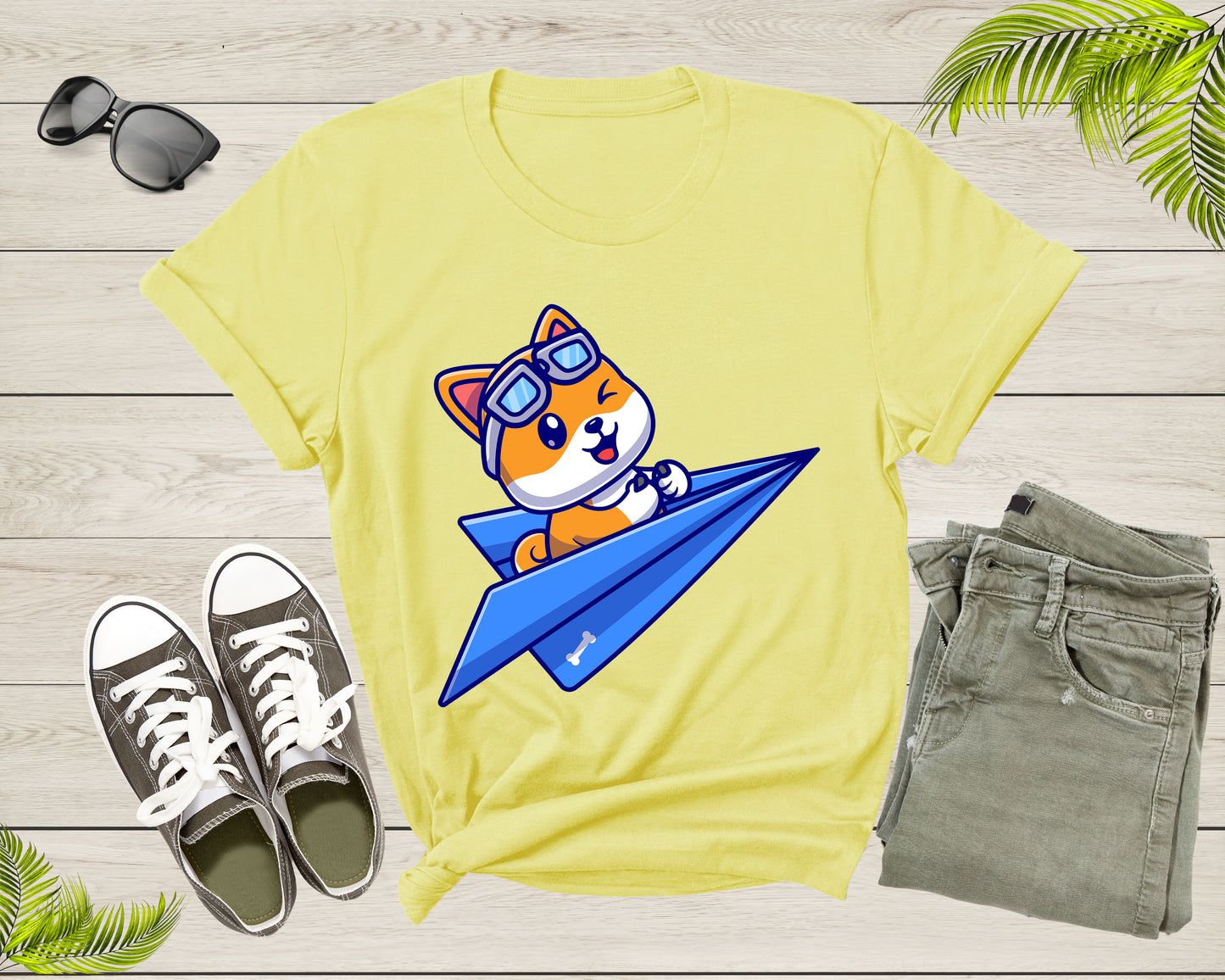 Blue Paper Plane Flying Happy Cute Dog With Pilot Goggles T-shirt Dog Puppy Plane Shirt For Men Women Kids Boys Girls Teens Dog Lover Tshirt