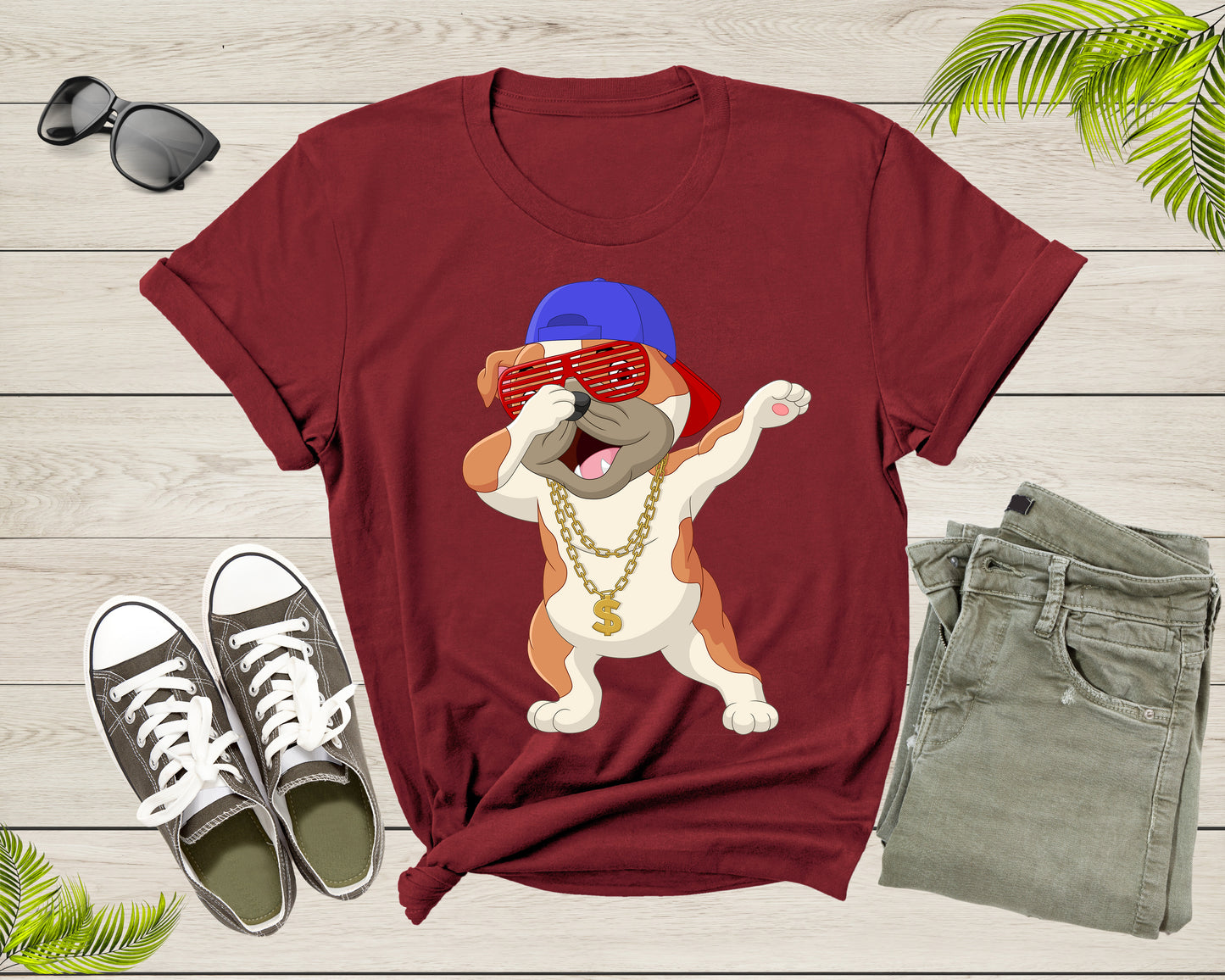 Cool Dabbing Dancing Dog Wearing Sunglasses Hat Necklace T-Shirt Dabbing Puppy Shirt for Men Women Kids Boys Girls Teens Graphic Gift Tshirt