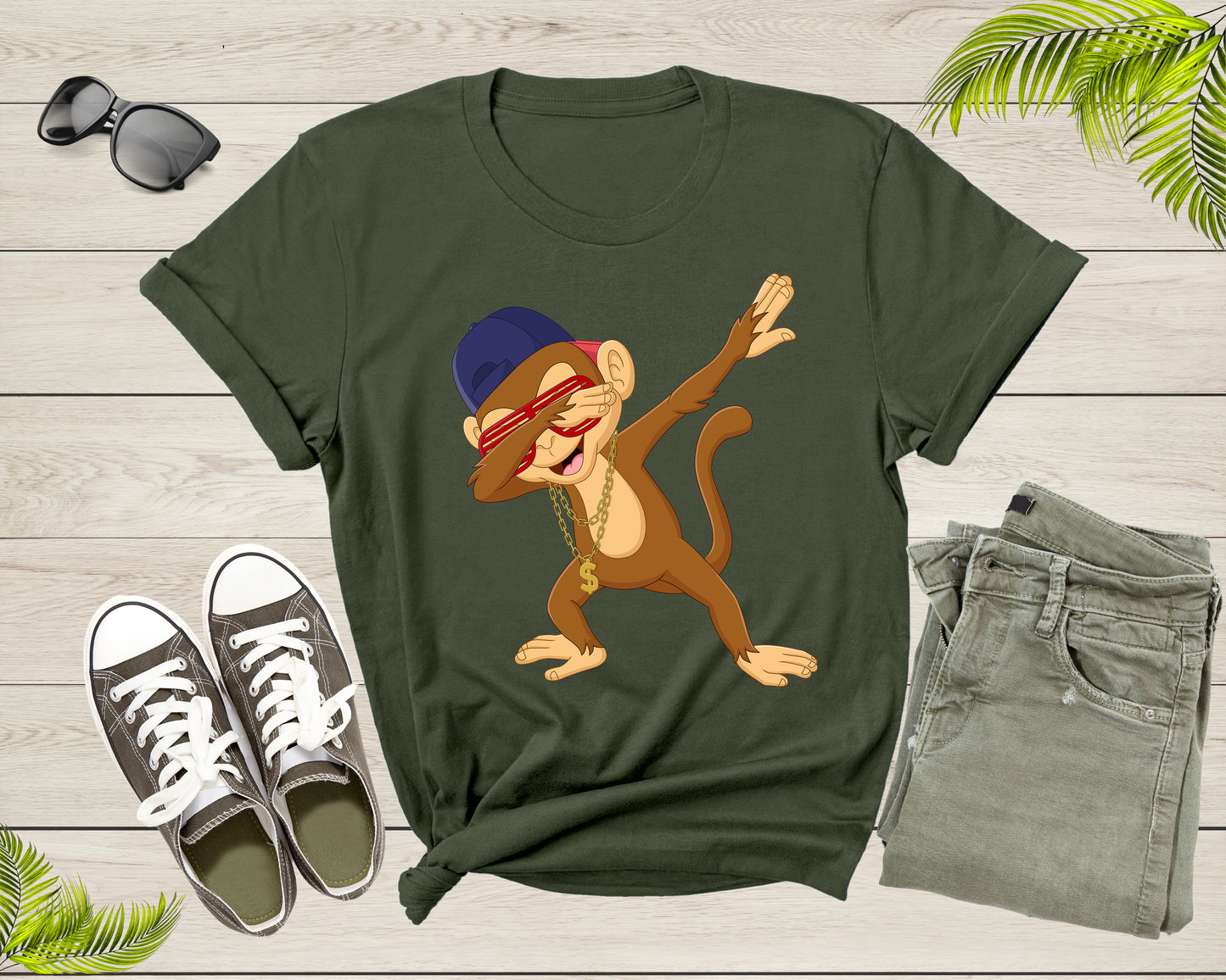 Cool Dabbing Dancing Monkey Wearing Sunglasses Hat Necklace T-Shirt Monkey Shirt for Men Women Kids Boys Girls Teens Graphic Gift Tshirt