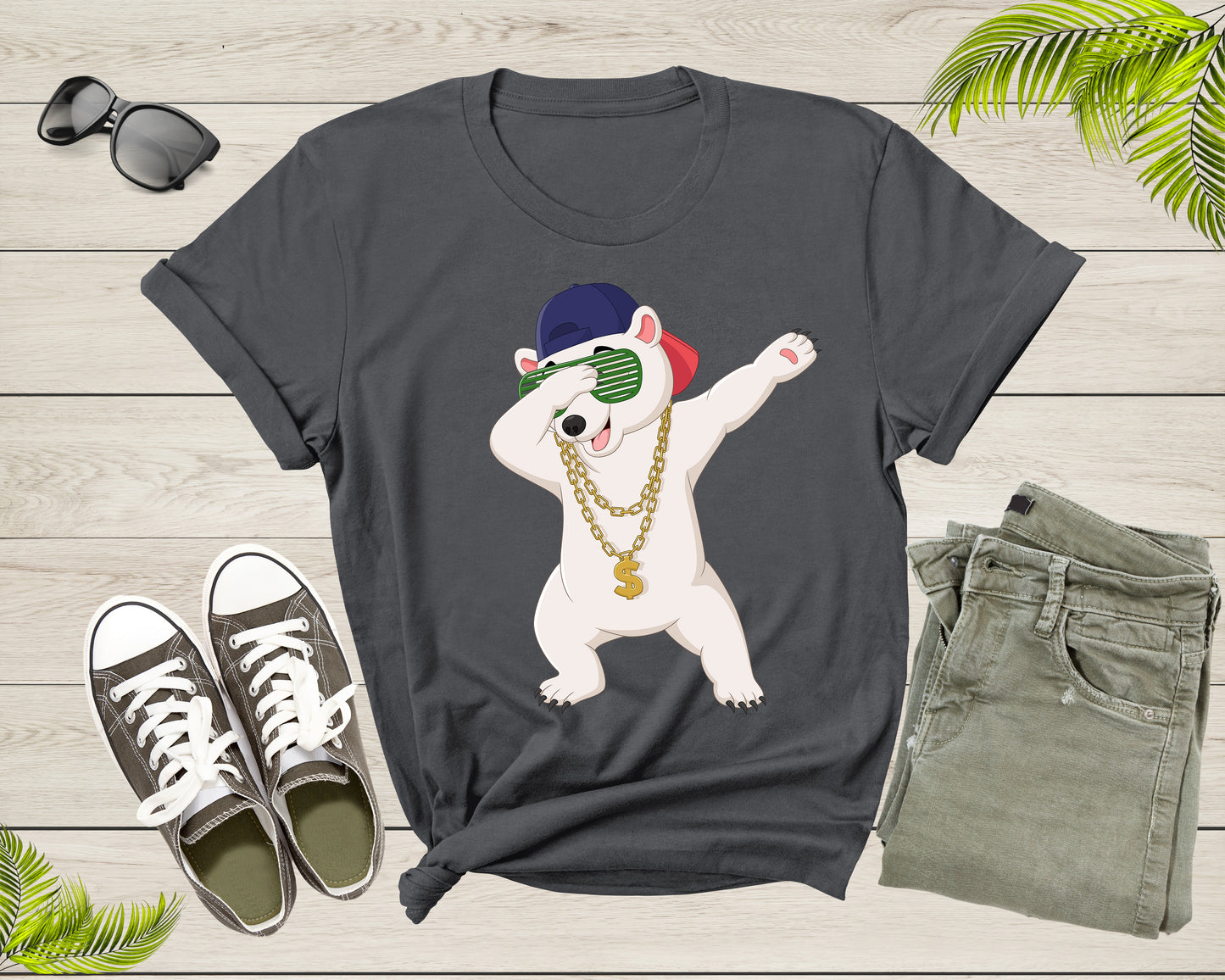 Cool Dabbing Dancing Polar Bear Wear Sunglasses Hat Necklace T-Shirt