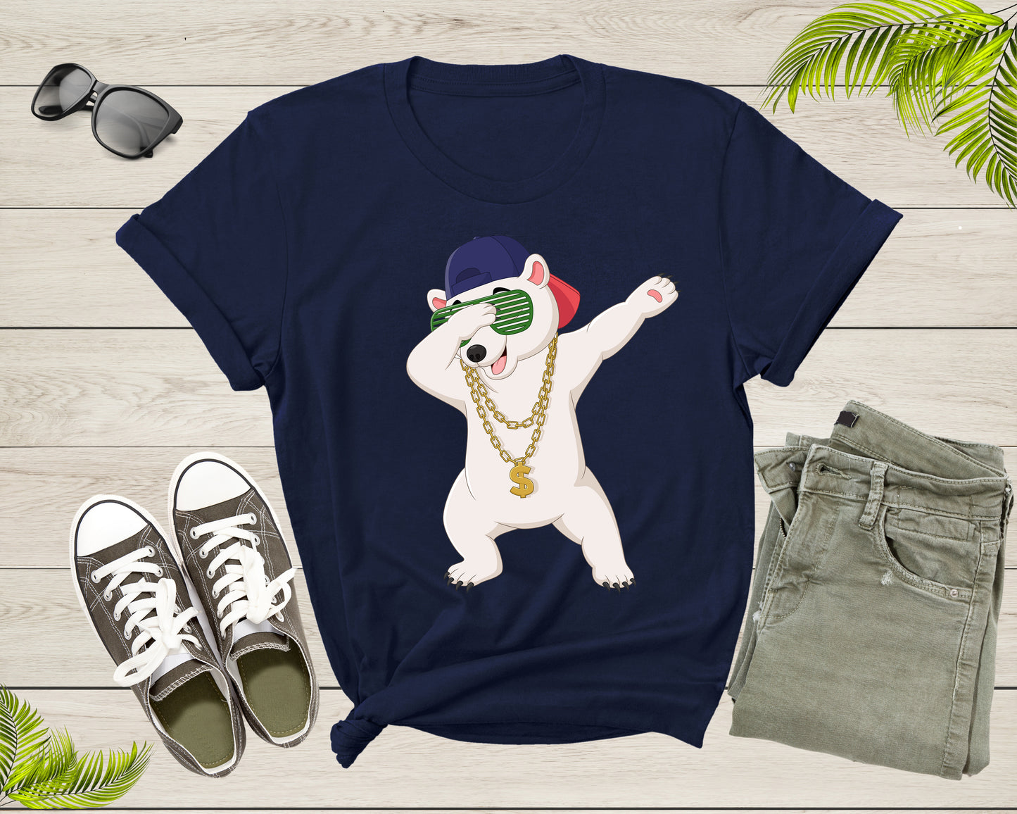 Cool Dabbing Dancing Polar Bear Wear Sunglasses Hat Necklace T-Shirt
