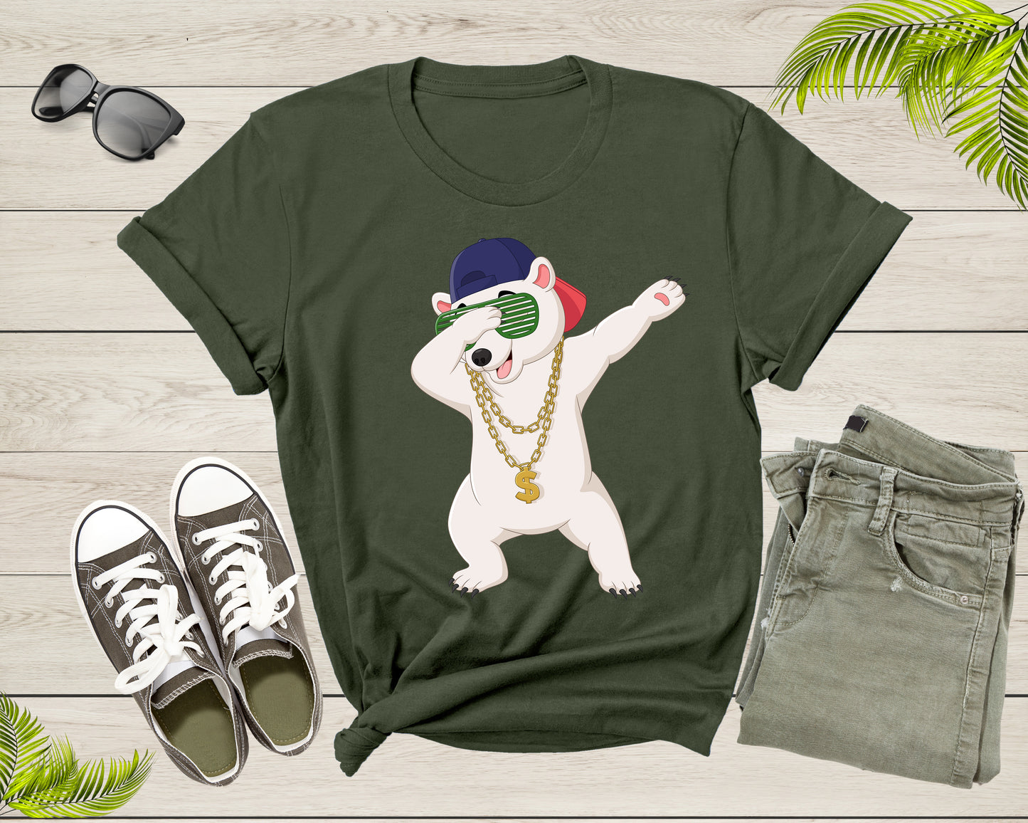 Cool Dabbing Dancing Polar Bear Wear Sunglasses Hat Necklace T-Shirt