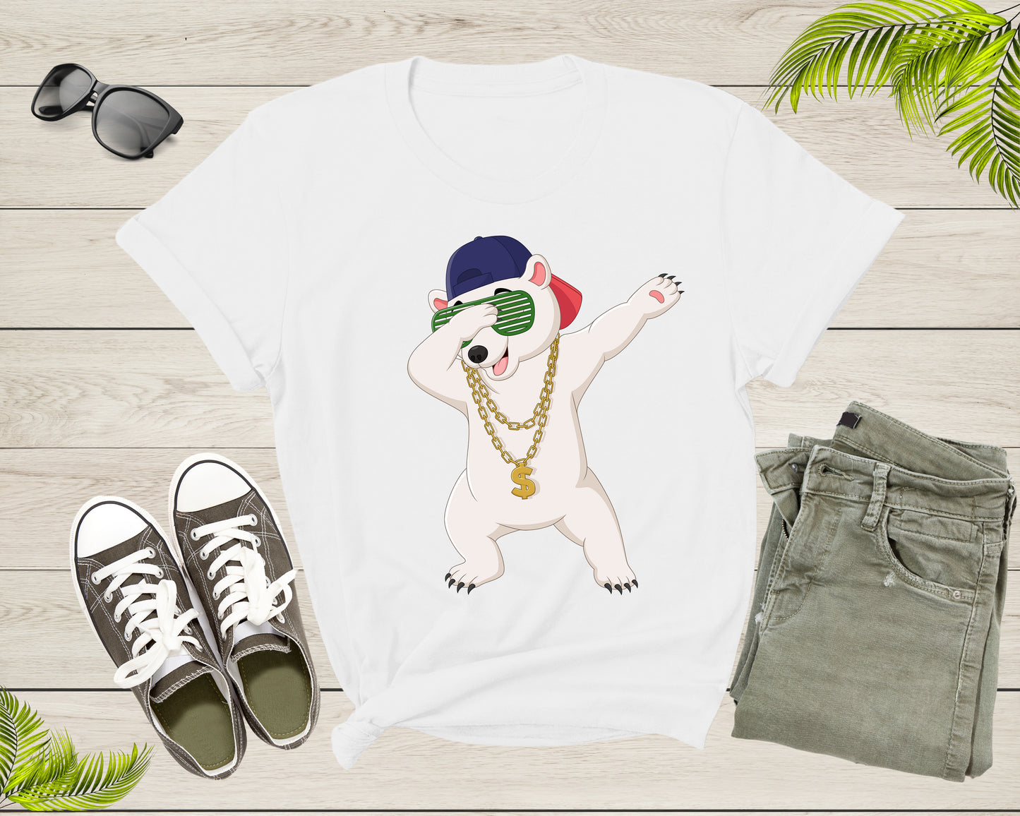 Cool Dabbing Dancing Polar Bear Wear Sunglasses Hat Necklace T-Shirt