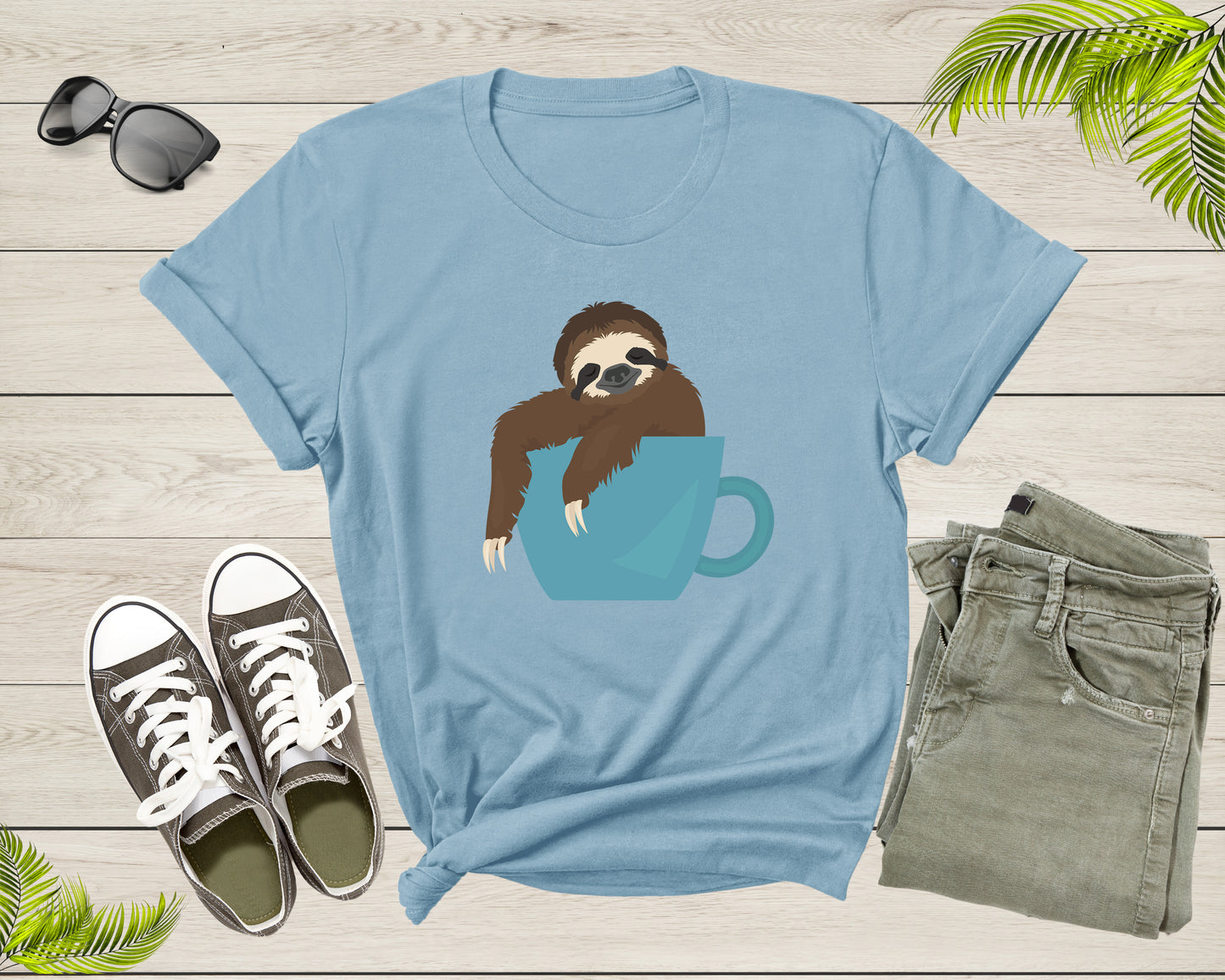 Coffee Drink Lover Happy Sloth Animal Sitting Coffee Cup T-Shirt Coffee Lover Sloth Animal Shirt for Men Women Kids Boys Girls Teen Tshirt