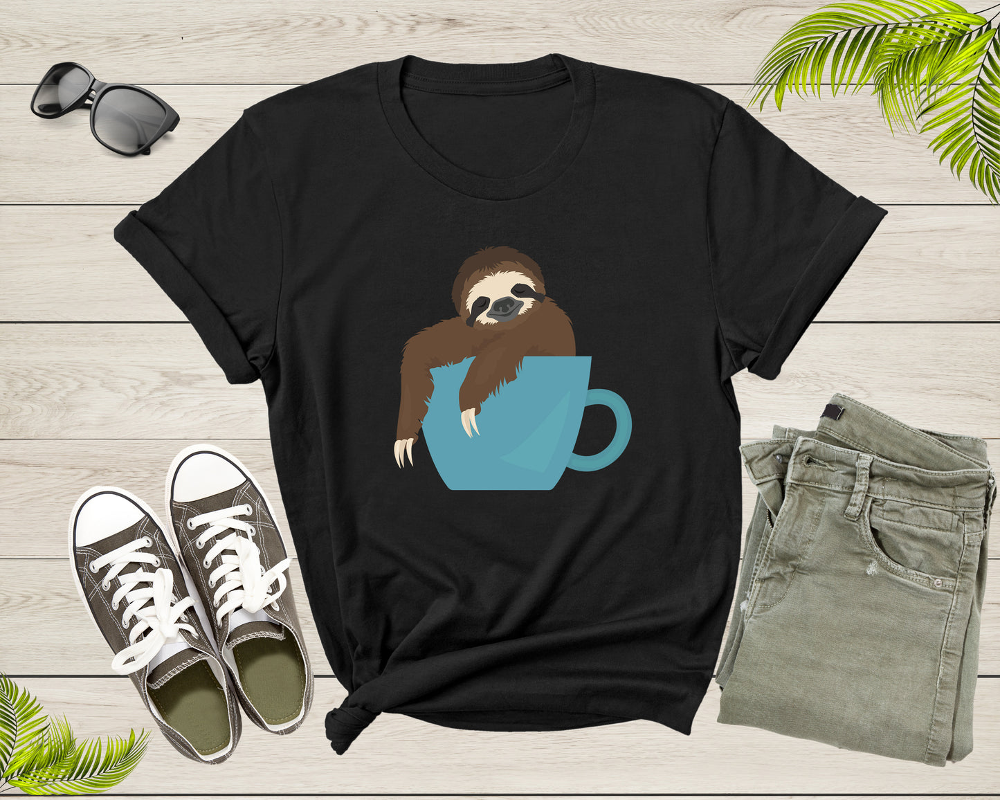 Coffee Drink Lover Happy Sloth Animal Sitting Coffee Cup T-Shirt Coffee Lover Sloth Animal Shirt for Men Women Kids Boys Girls Teen Tshirt