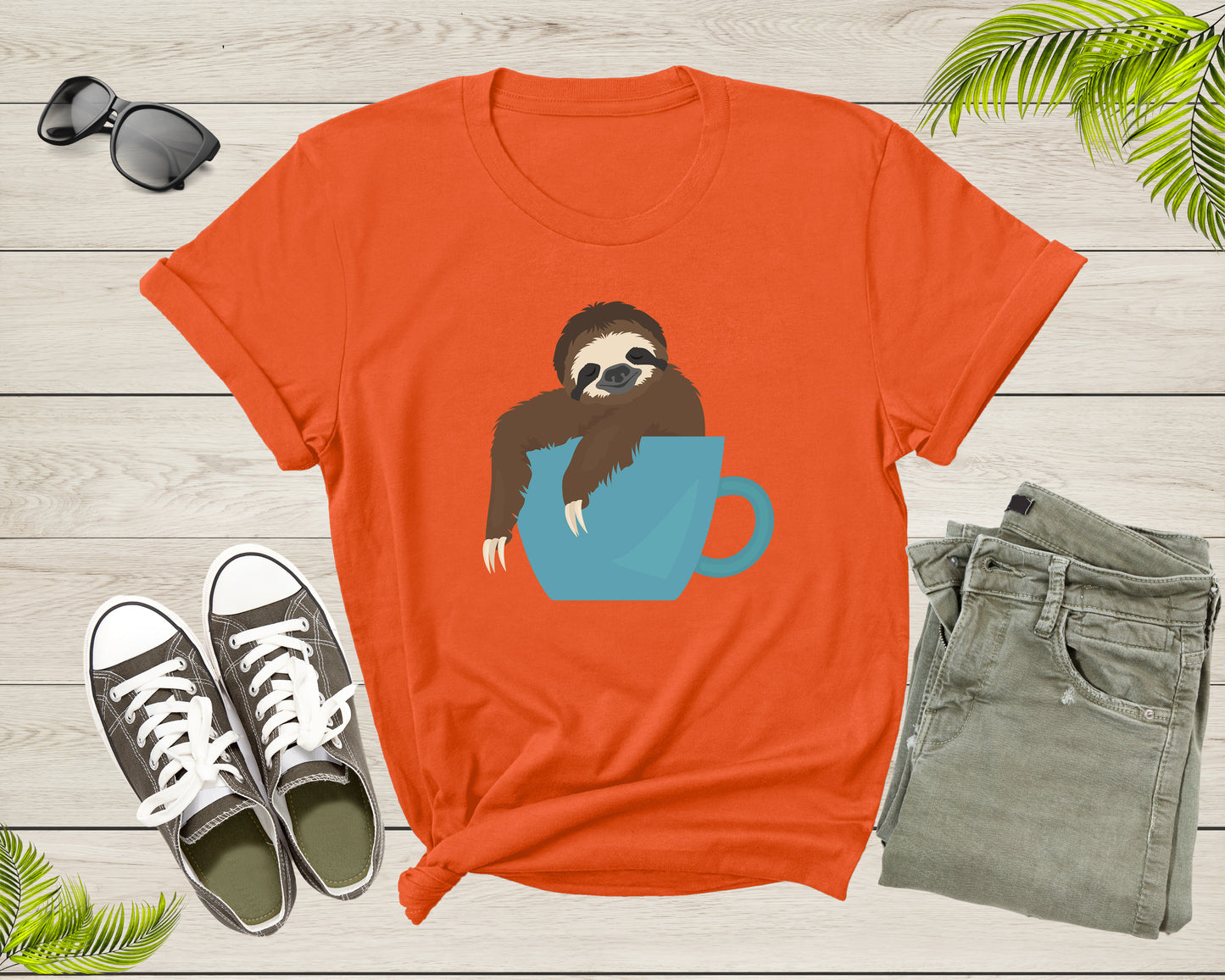 Coffee Drink Lover Happy Sloth Animal Sitting Coffee Cup T-Shirt Coffee Lover Sloth Animal Shirt for Men Women Kids Boys Girls Teen Tshirt