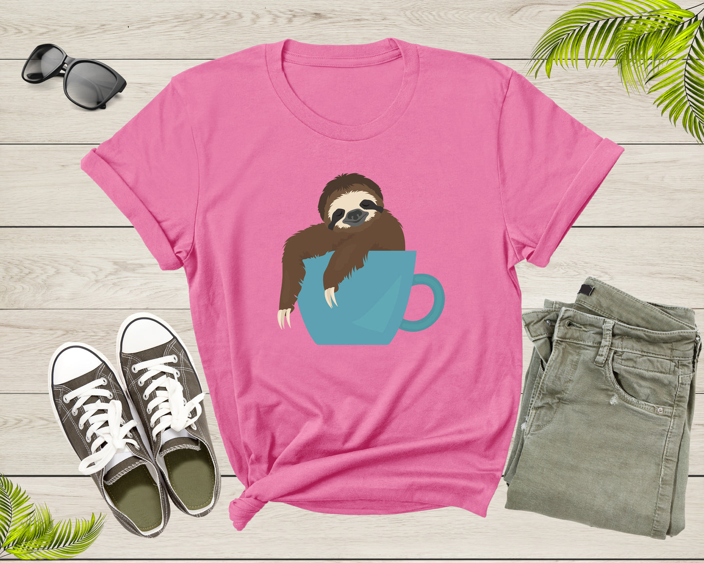Coffee Drink Lover Happy Sloth Animal Sitting Coffee Cup T-Shirt Coffee Lover Sloth Animal Shirt for Men Women Kids Boys Girls Teen Tshirt