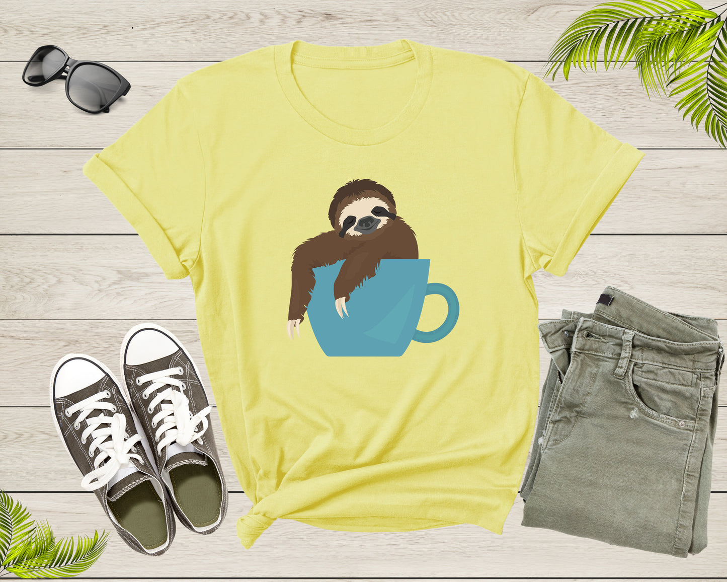 Coffee Drink Lover Happy Sloth Animal Sitting Coffee Cup T-Shirt Coffee Lover Sloth Animal Shirt for Men Women Kids Boys Girls Teen Tshirt