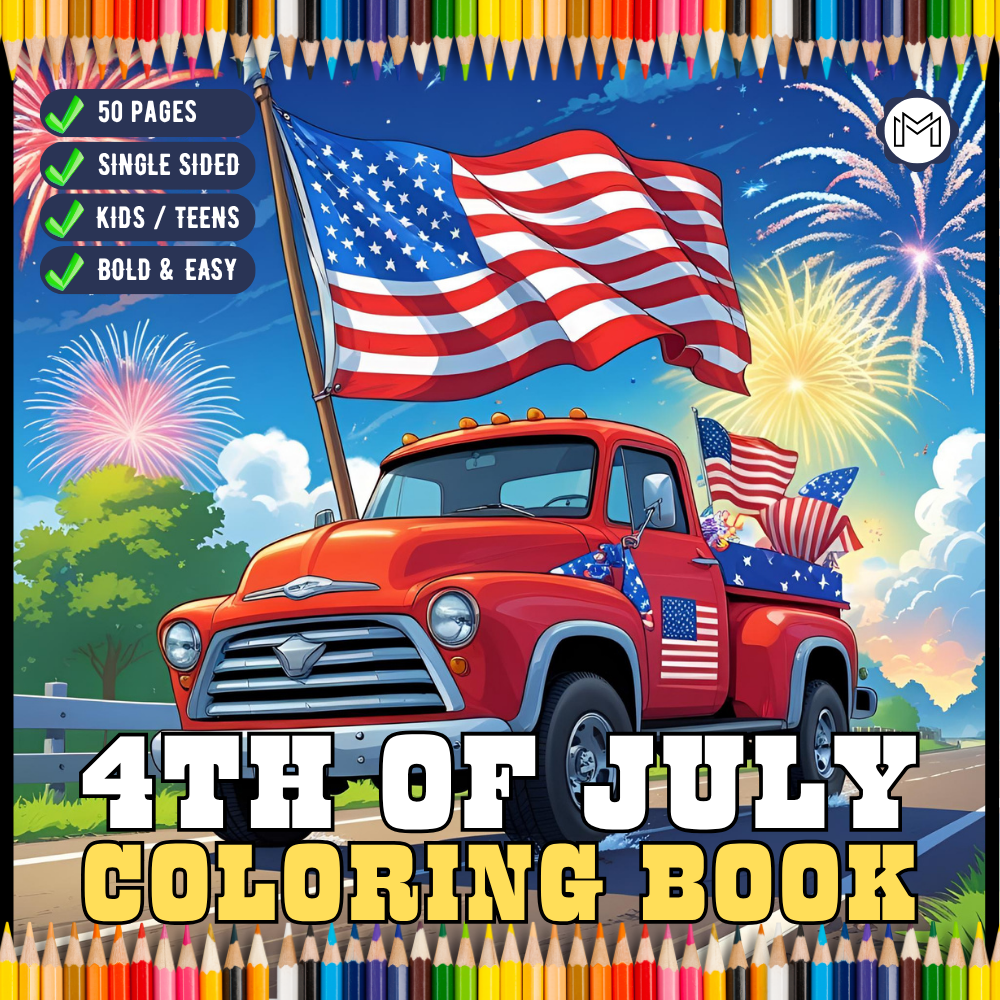 4th of July Independence Day Coloring Book Gift for Kids Boys Girls Young Teens 50 Pages Single Sided 4th of July Coloring Activity Sheets