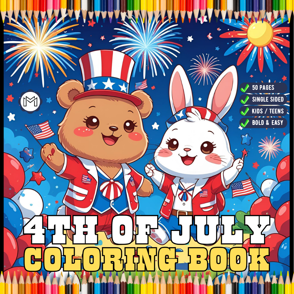 4th of July Independence Day Bear and Bunny Coloring Book Gift for Kids Boys Girls Young Teens 50 Pages Single Sided Coloring Activity Sheet