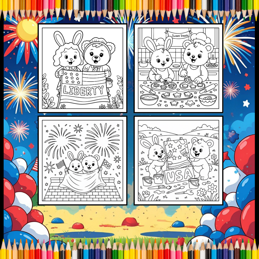 4th of July Independence Day Bear and Bunny Coloring Book Gift for Kids Boys Girls Young Teens 50 Pages Single Sided Coloring Activity Sheet