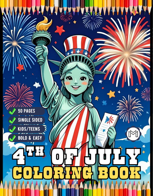 4th of July Independence Day Coloring Book Gift for Kids Boys Girls Young Teens 50 Pages Single Sided 4th of July Coloring Activity Sheets