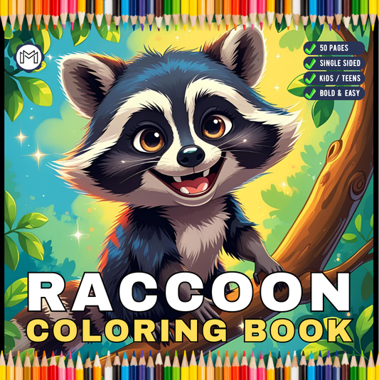 Cute Cozy Raccoon Animal Coloring Book Gift for Adults Kids Boys Girls Teens 50 Pages Single Sided Bold Easy Raccoon Coloring Activity Book