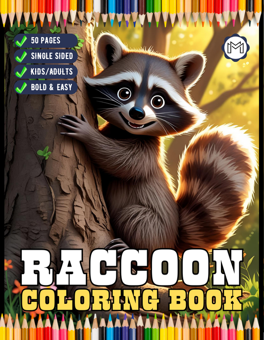 Cute Cozy Raccoon Animal Coloring Book Gift for Adults Kids Boys Girls Teens 50 Pages Single Sided Bold and Easy Raccoon Coloring Book