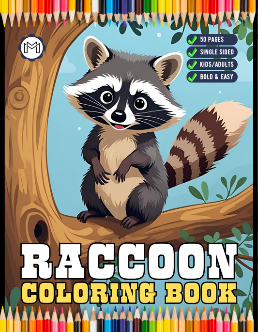 Cute Cozy Raccoon Animal Coloring Book Gift for Adults Kids Boys Girls Teens 50 Pages Single Sided Bold and Easy Raccoon Coloring Book
