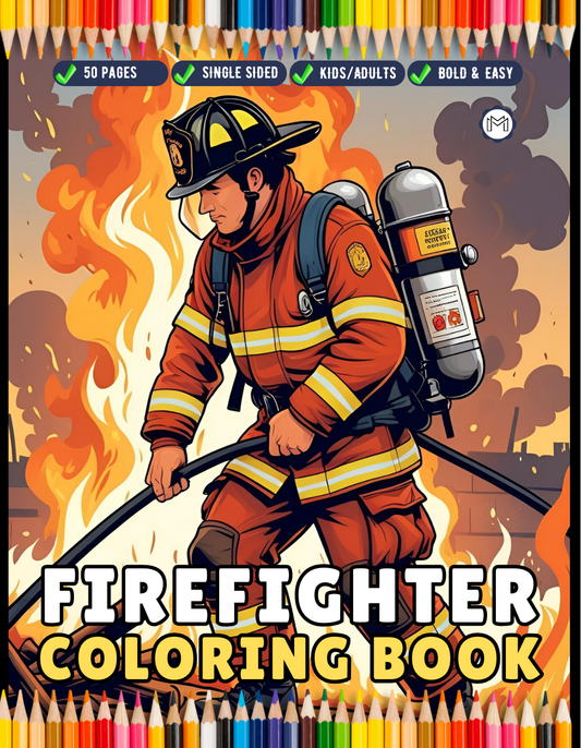 Cool Firefighter Coloring Book Gift for Adults Men Women Kids Boys Girls Teens 50 Pages Single Sided Fire Truck Fireman Firewoman Coloring