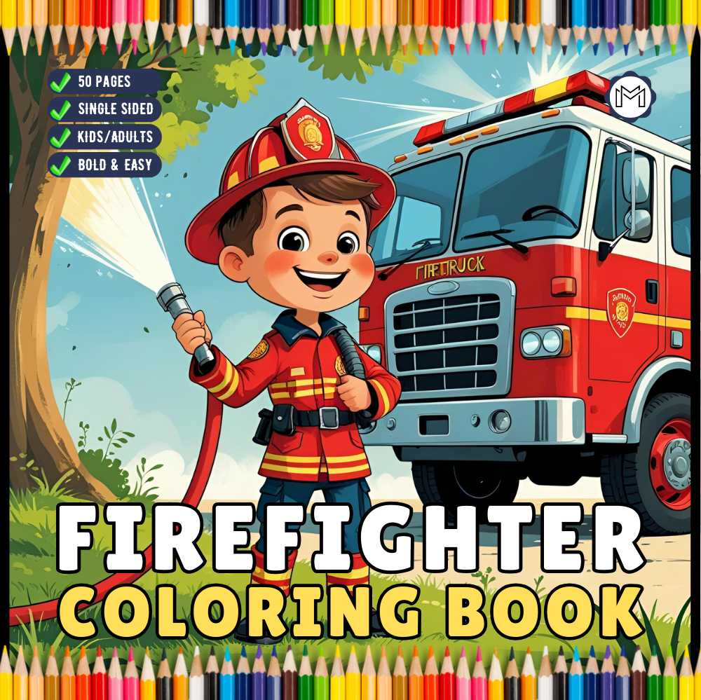 Cool Firefighter Coloring Book Gift for Adults Men Women Kids Boys Girls Teens 50 Pages Single Sided Fire Truck Fireman Firewoman Coloring