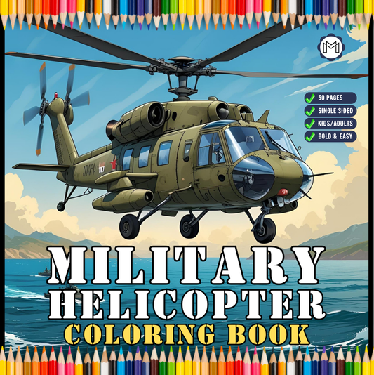 Military Helicopter Coloring Book Gift for Adults Kids Boys Girls Teens 50 Pages Single Sided Coloring Activity Book for Children