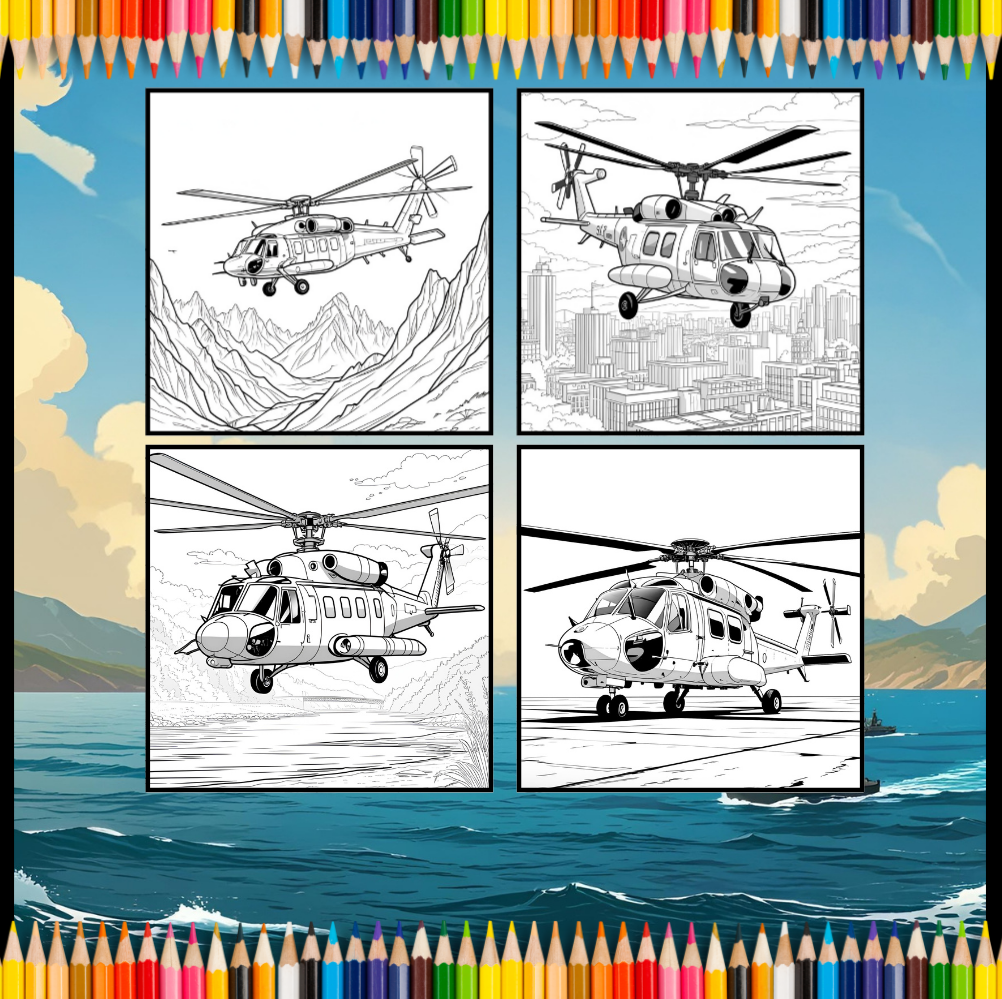 Military Helicopter Coloring Book Gift for Adults Kids Boys Girls Teens 50 Pages Single Sided Coloring Activity Book for Children
