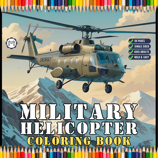 Military Helicopter Coloring Book Gift for Adults Kids Boys Girls Teens Bold and Easy 50 Pages Single Sided Coloring Activity Book Children