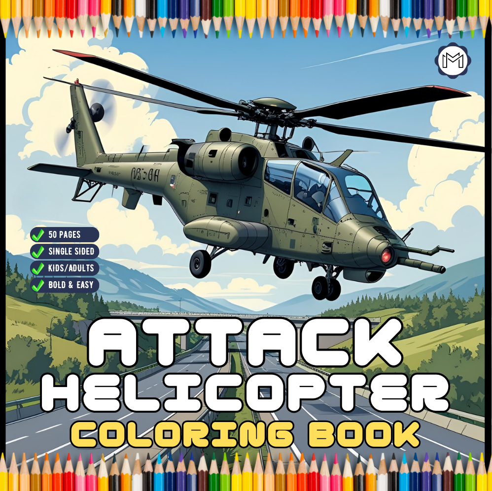Military Attack Helicopter Coloring Book Gift for Adults Kids Boys Girls Teens Bold and Easy 50 Pages Single Sided Coloring Activity Book