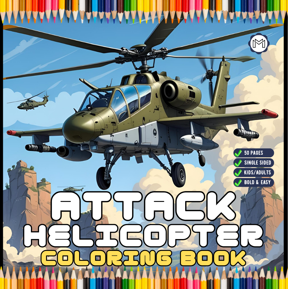 Military Attack Helicopter Coloring Book Gift for Adults Kids Boys Girls Teens Bold and Easy 50 Pages Single Sided Coloring Activity Book