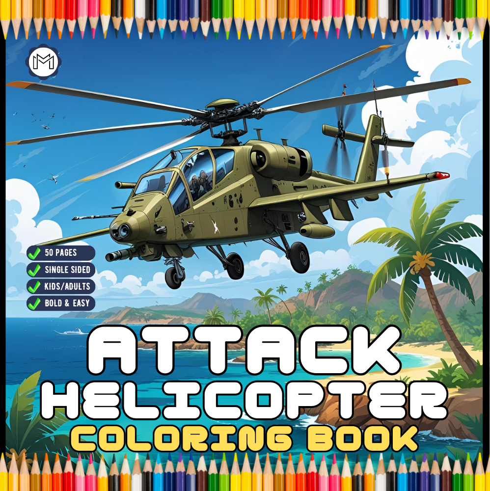 Military Attack Helicopter Coloring Book Gift for Adults Kids Boys Girls Teens Bold and Easy 50 Pages Single Sided Coloring Activity Book