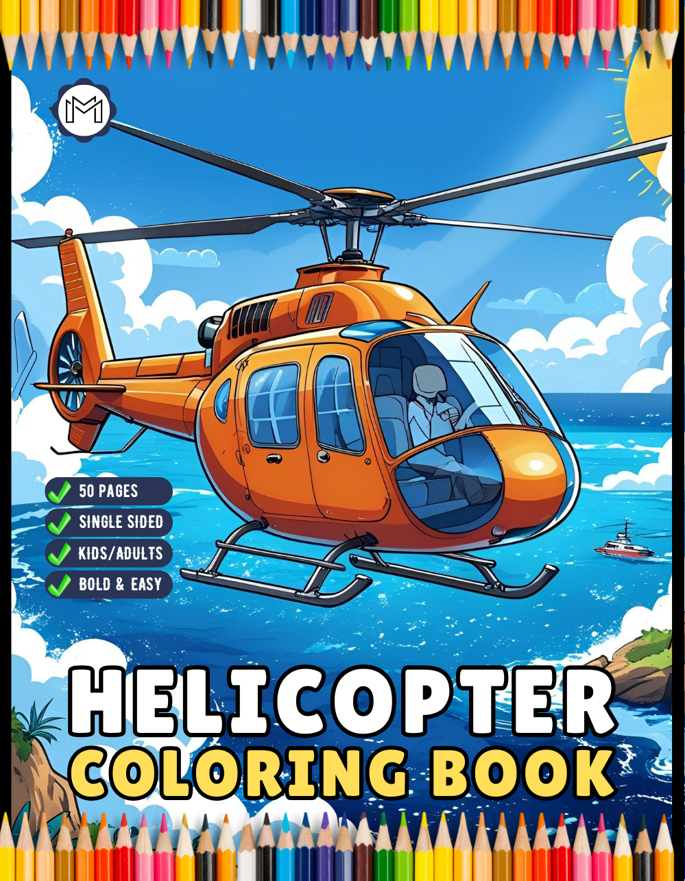 Helicopter Coloring Book Gift for Adults Kids Boys Girls Teens 50 Pages Single Sided Coloring Activity Book for Children Bold and Easy