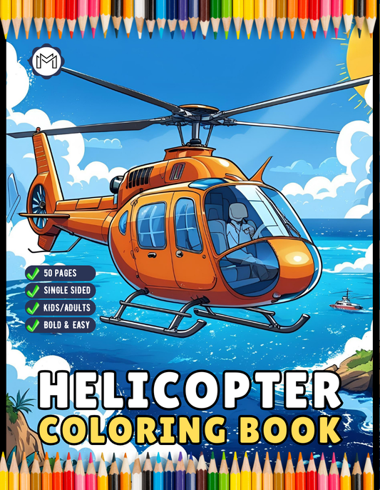 Helicopter Coloring Book Gift for Adults Kids Boys Girls Teens 50 Pages Single Sided Coloring Activity Book for Children Bold and Easy