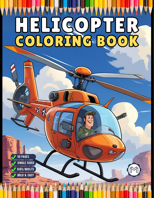 Helicopter Coloring Book Gift for Adults Kids Boys Girls Teens 50 Pages Single Sided Chopper Helicopter Coloring Activity Book for Children