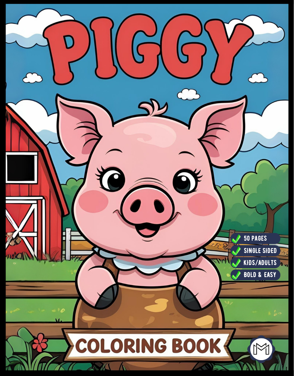 50 Pages Single Sided Cute Pig Coloring Book Gift for Adults Men Women Kids Young Boys Girls Teens Bold and Easy Simple Stress Relief
