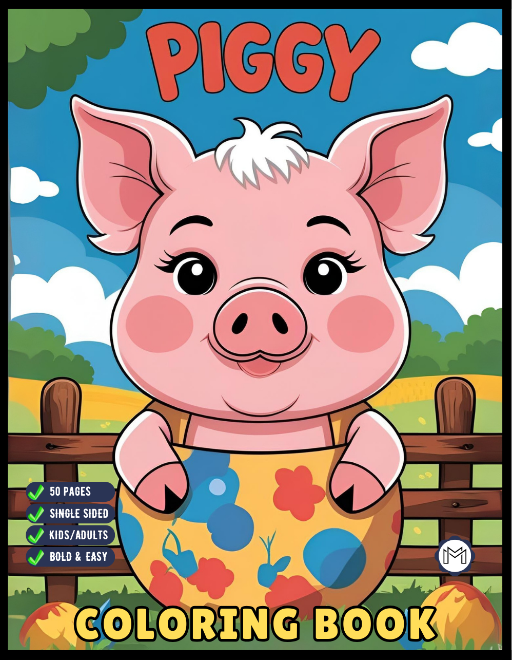 50 Pages Single Sided Cute Pig Coloring Book Gift for Adults Men Women Kids Young Boys Girls Teens Bold and Easy Simple Stress Relief