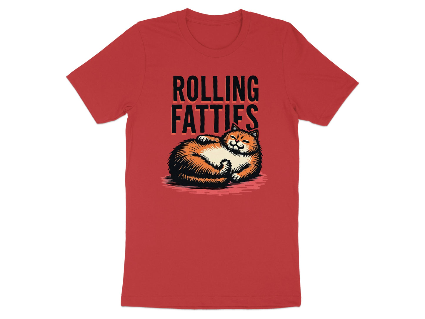 Red t-shirt with a cartoon cat and "ROLLING FATIIES" text.