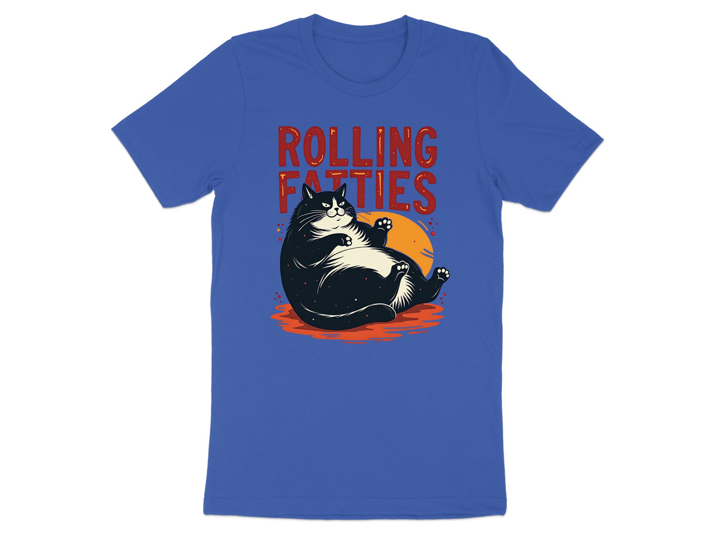 Black and white chubby cat lounging with "ROLLING FATlies" text.