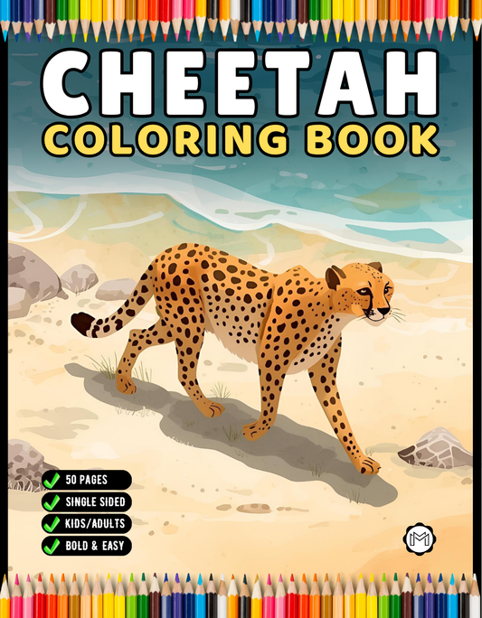 Cool Cheetah Coloring Book Gift for Adults Kids Boys Girls Teens Youth 50 Pages Single Sided Relaxation Wildlife Safari Zoo Animal Coloring
